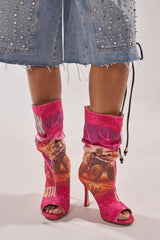AKIRA GOLD FORMIDABLE PINK MULTI ABSTRACT OPEN TOE BOOTIE