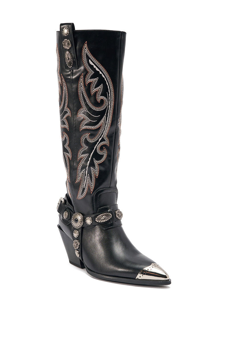 AZALEA WANG GERVASE BLACK PU SILVER HARDWARE WESTERN BOOT