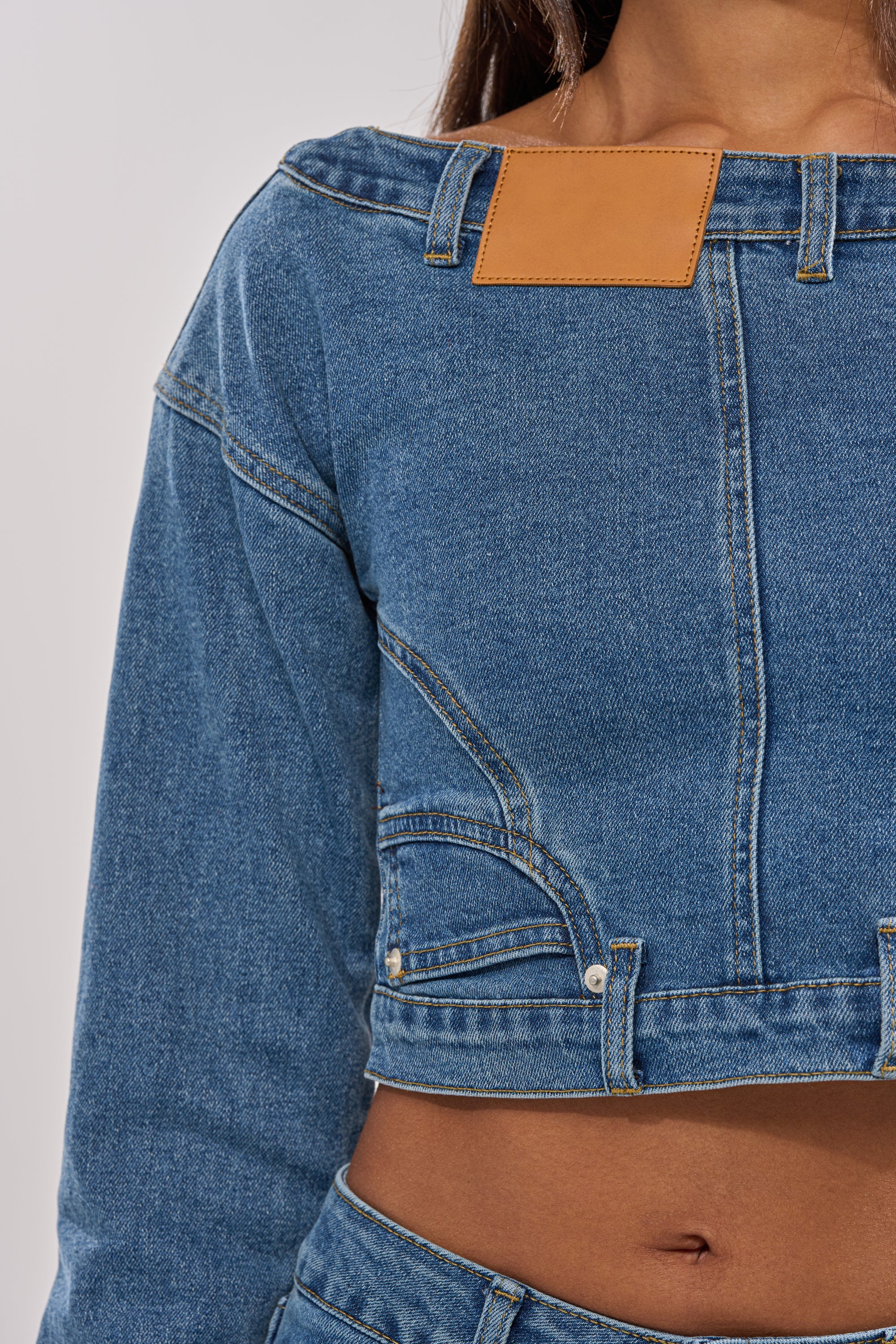 SHAKE IT OFF DENIM OFF THE SHOULDER TOP