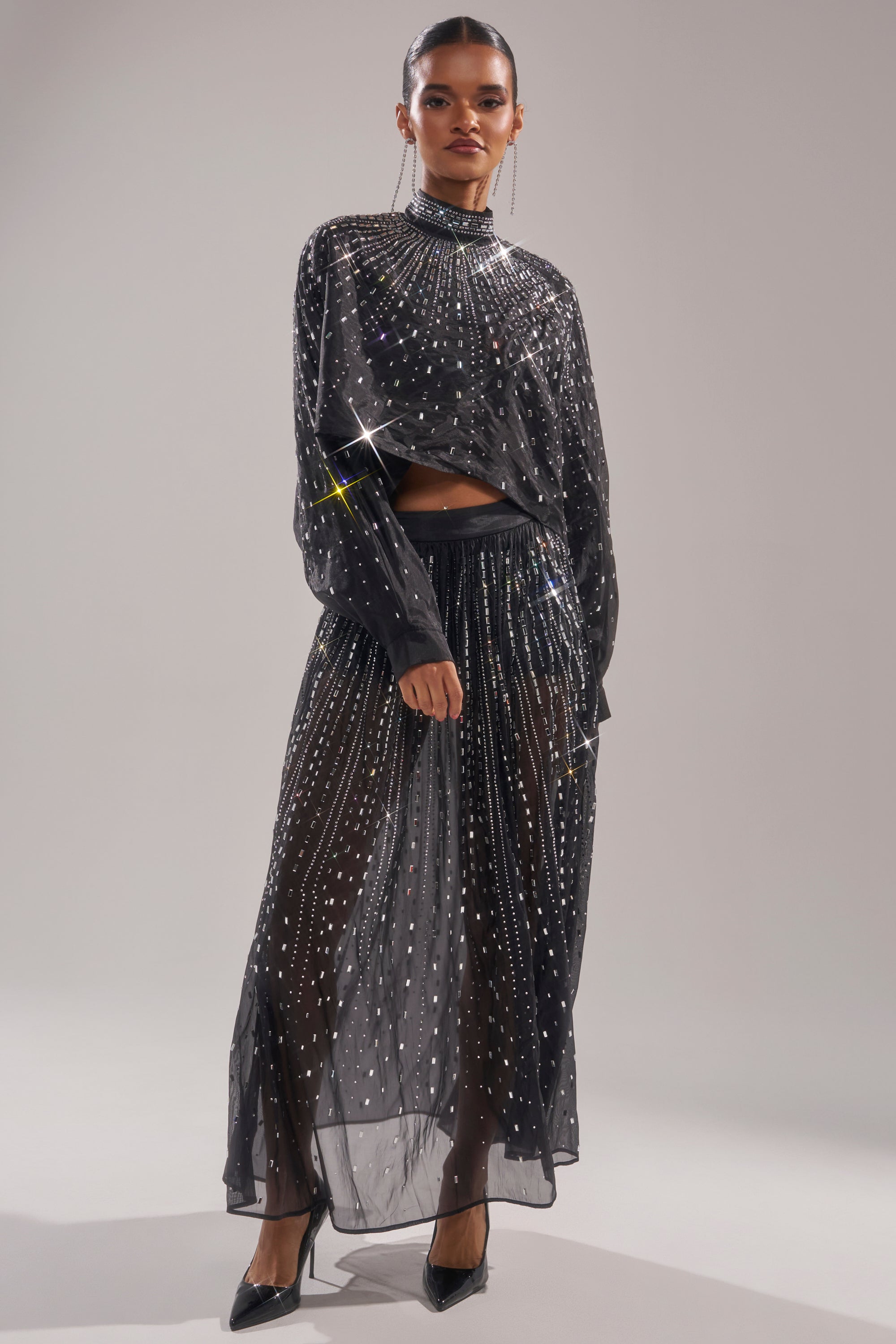 GLAMOROUS RHINESTONE MOCK NECK BLOUSE