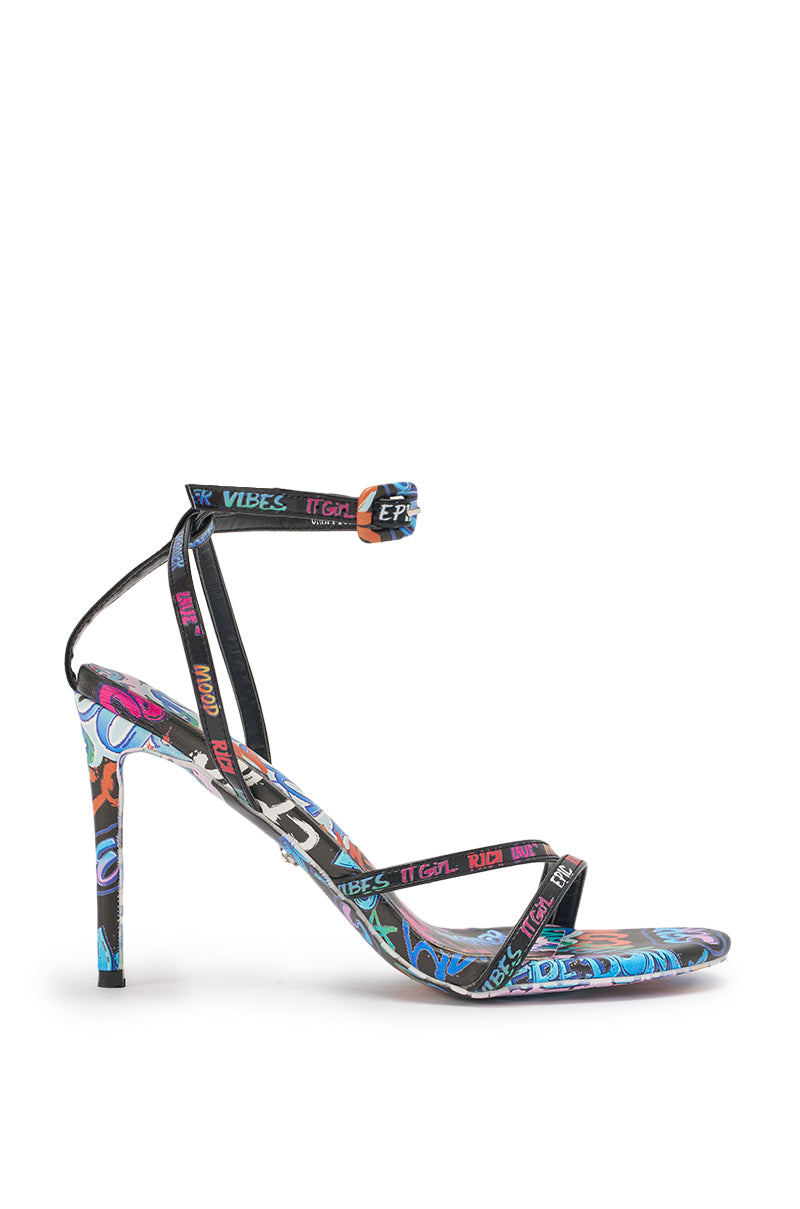 AKIRA GOLD GRAFFITI PRINT STILETTO SANDAL