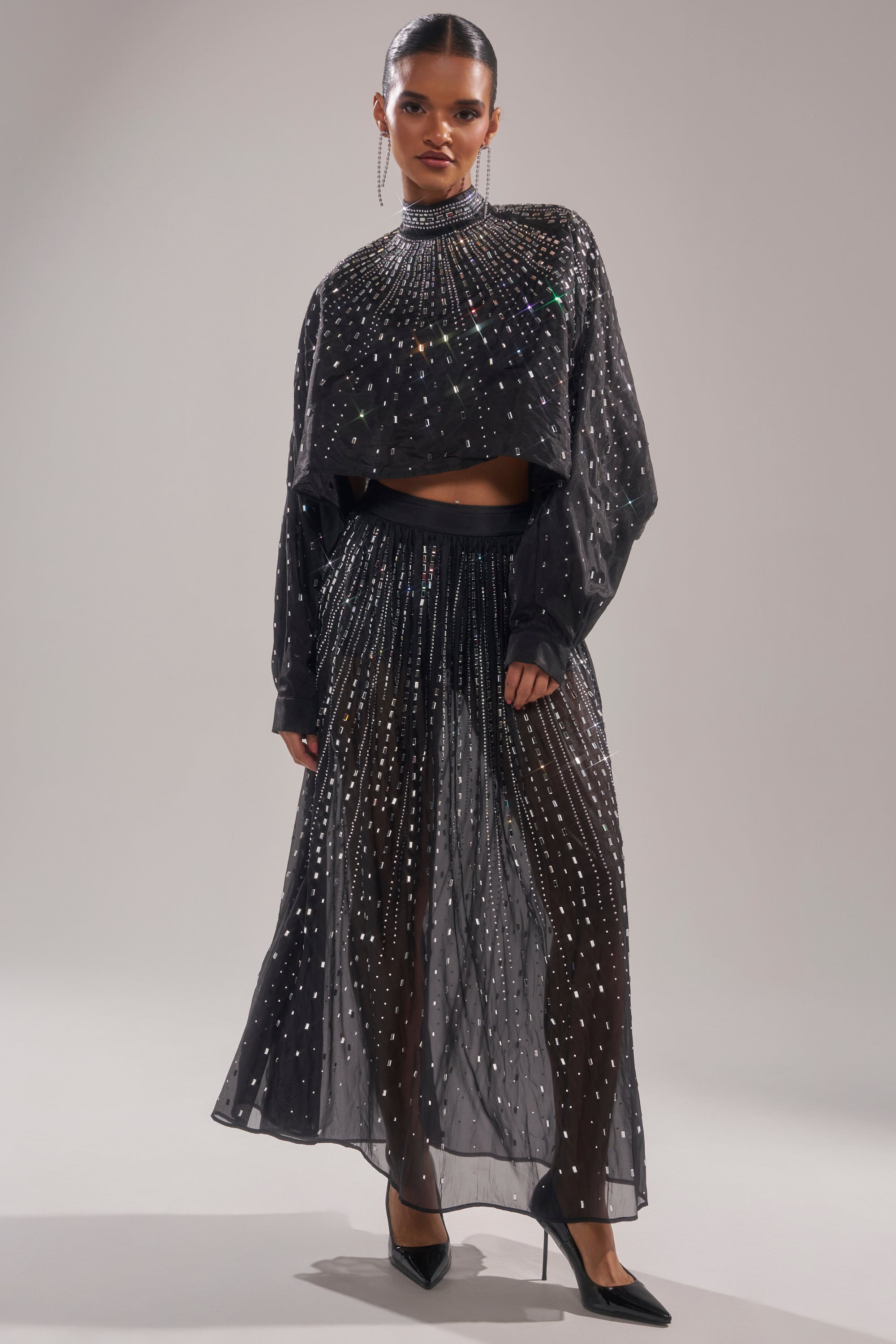 DANCING QUEEN RHINESTONE MESH MAXI SKIRT
