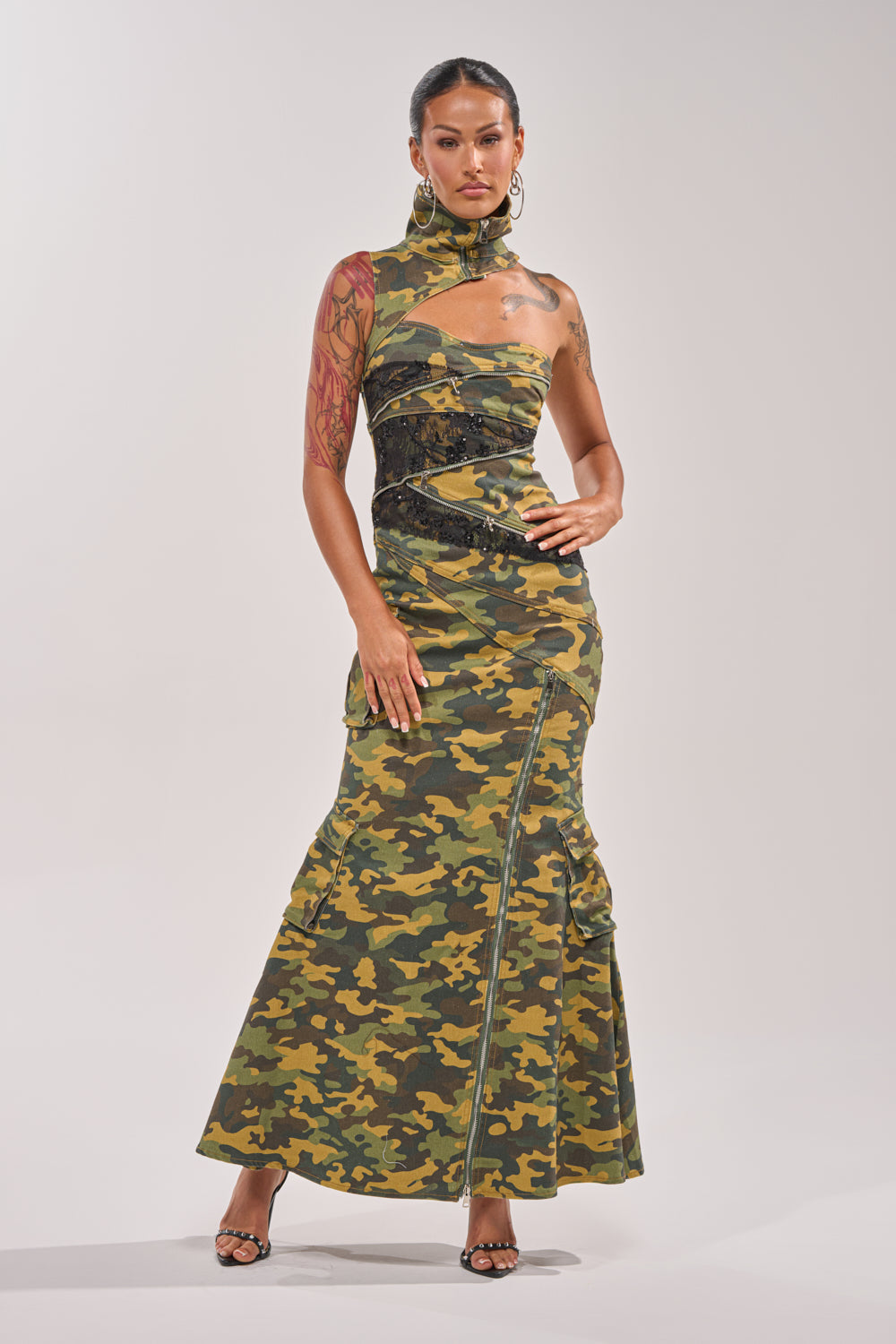 FUSED TOGETHER MOCK NECK MAXI DRESS IN CAMO