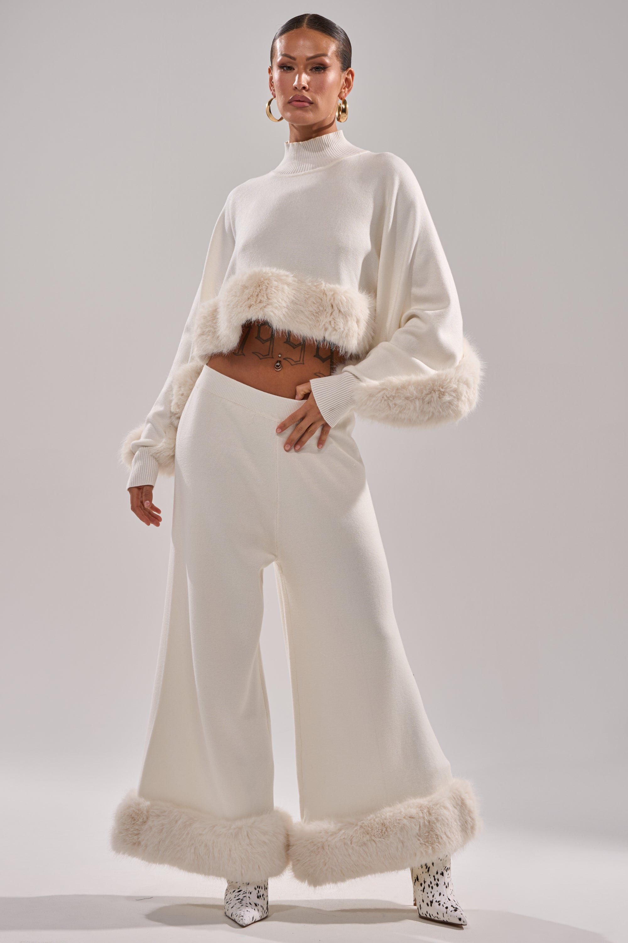 QUIET LUX FUR TRIM SWEATER PANTS IN WHITE