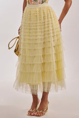 STARS ALIGNED MESH RUFFLE MAXI SKIRT IN BABY YELLOW