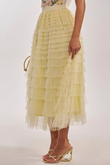 STARS ALIGNED MESH RUFFLE MAXI SKIRT IN BABY YELLOW