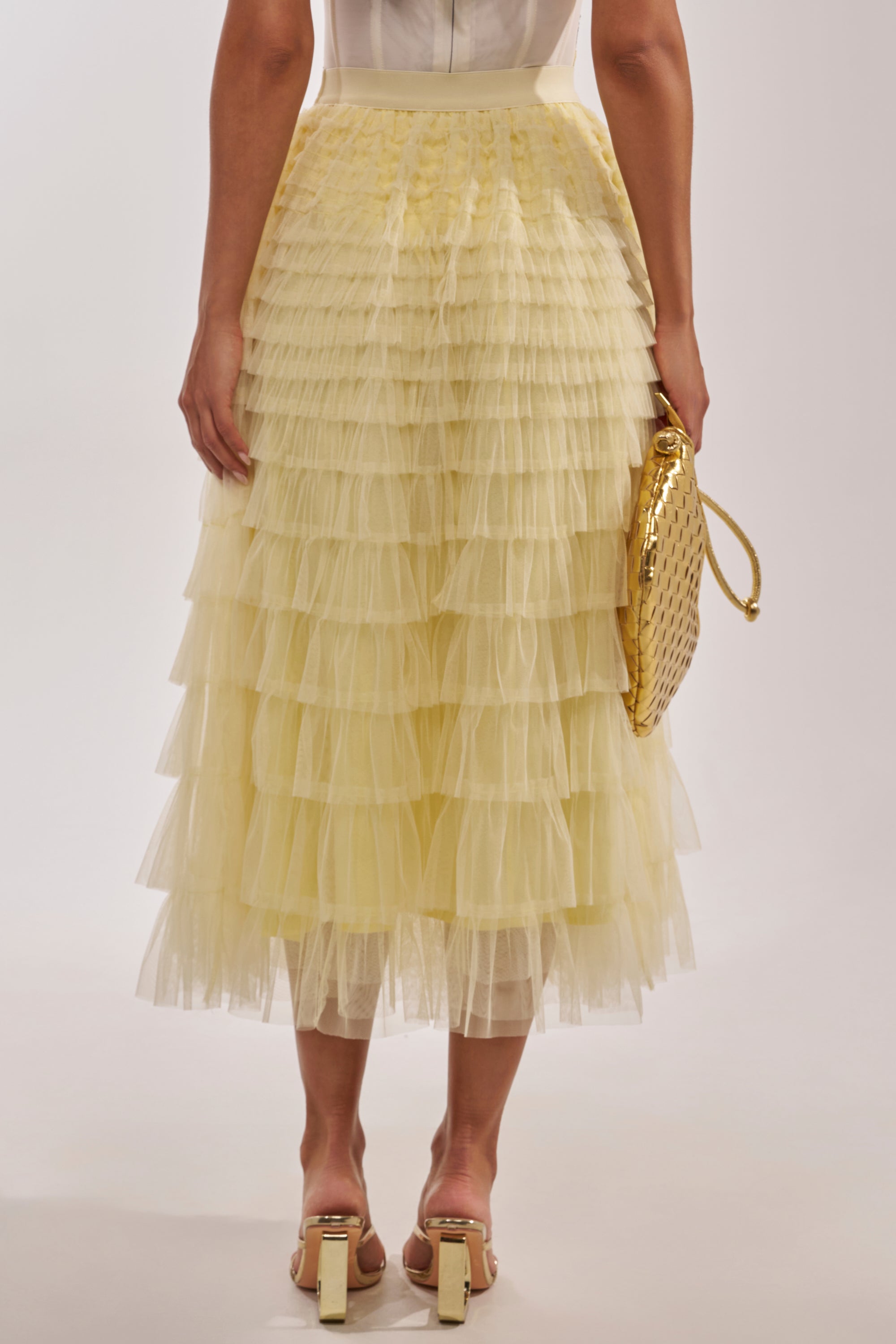 STARS ALIGNED MESH RUFFLE MAXI SKIRT IN BABY YELLOW