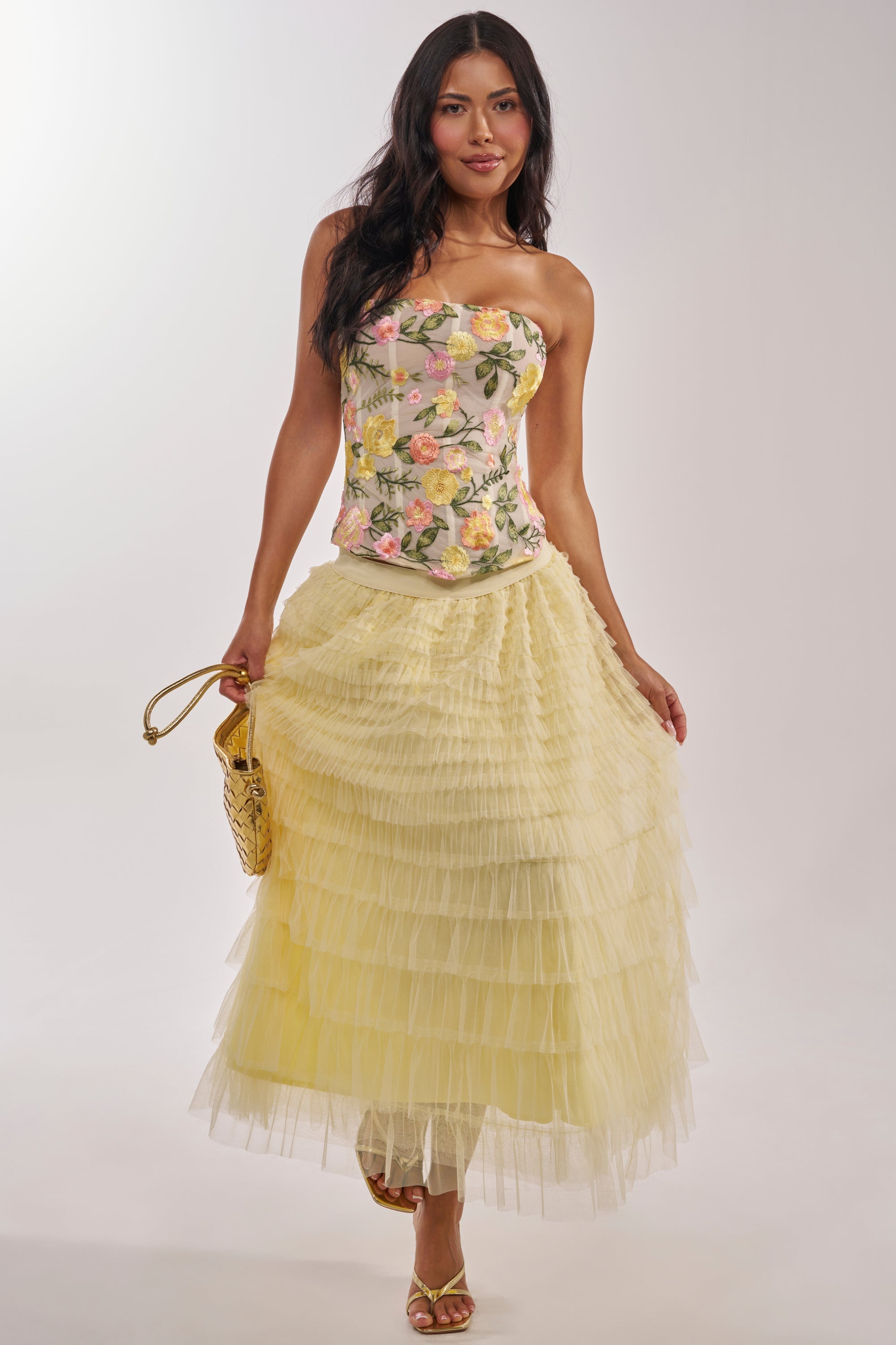 STARS ALIGNED MESH RUFFLE MAXI SKIRT IN BABY YELLOW