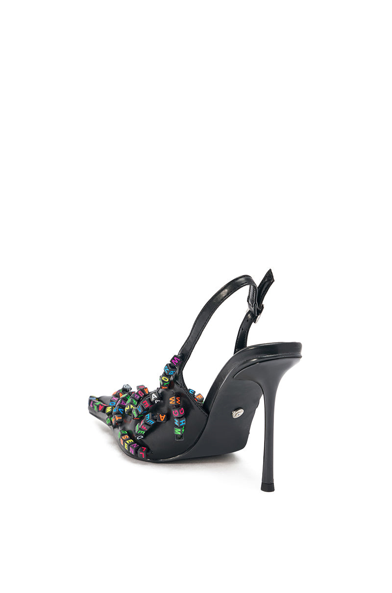 AKIRA LETTER BEAD EMBELLISHED SLING BACK NOVELTY PUMP