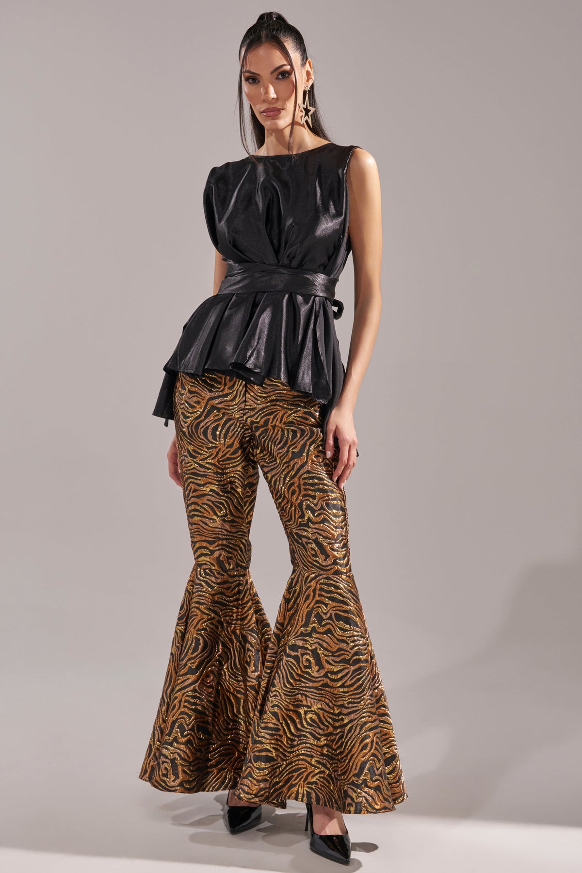 GET IN MOTION BROCADE FLARE TROUSER