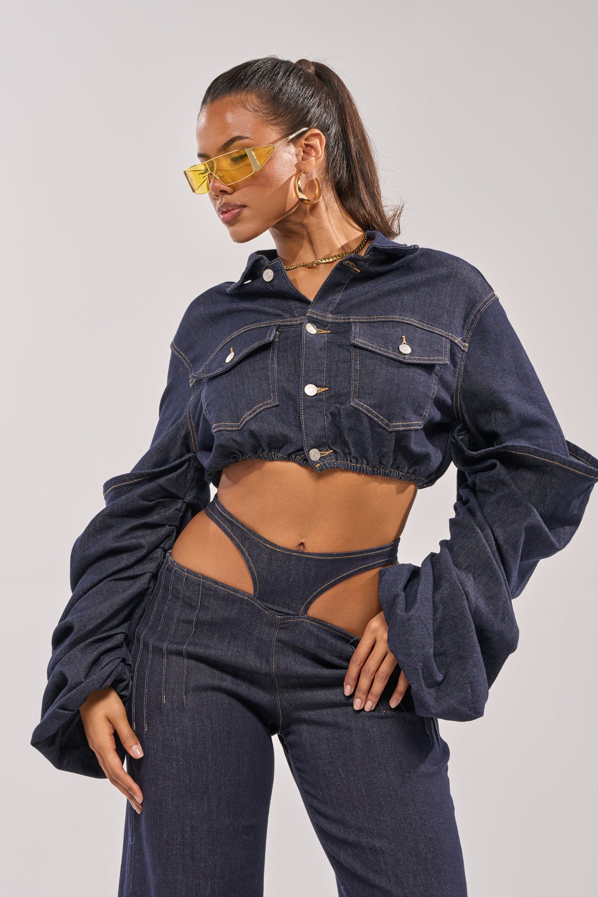 STACKED SLEEVE CROPPED DENIM JACKET