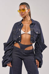 STACKED SLEEVE CROPPED DENIM JACKET