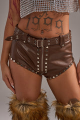 BABY PLZ FAUX LEATHER STUD HOT SHORT IN BROWN