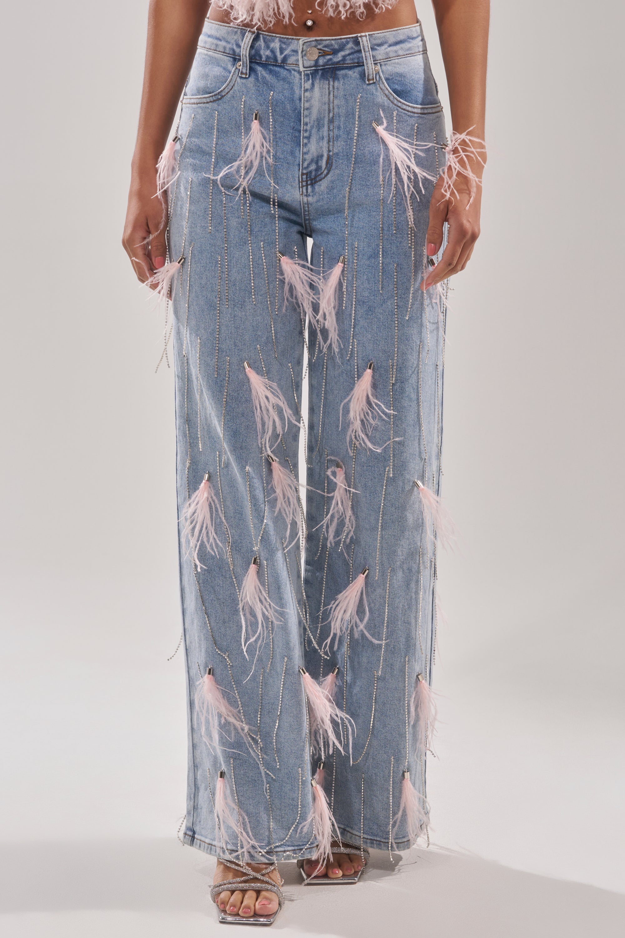 SHAKE IT FOR ME GIRL PINK FEATHER EMBELLISHED DENIM