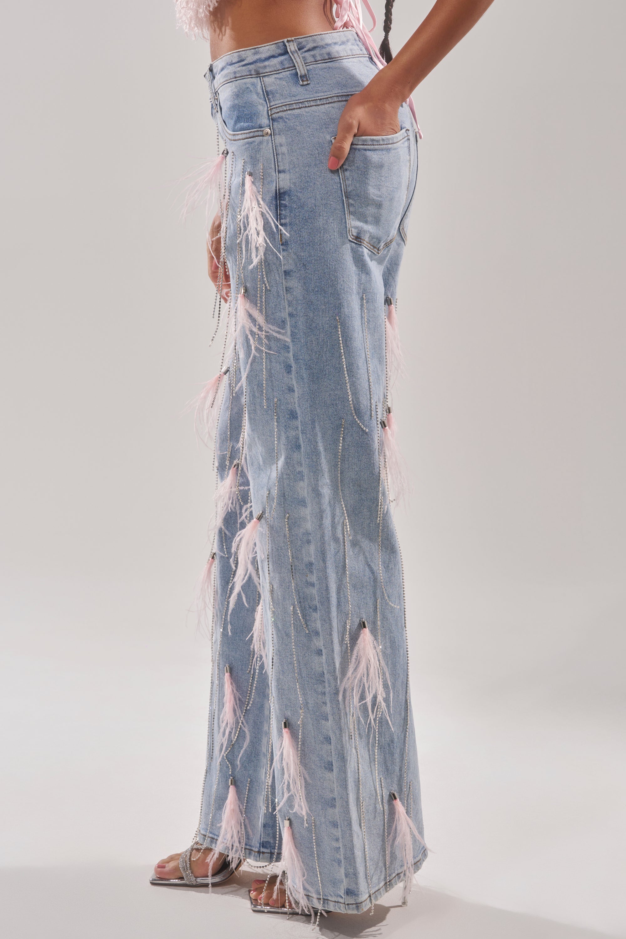 SHAKE IT FOR ME GIRL PINK FEATHER EMBELLISHED DENIM