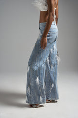 SHAKE IT FOR ME GIRL WHITE FEATHER EMBELLISHED DENIM