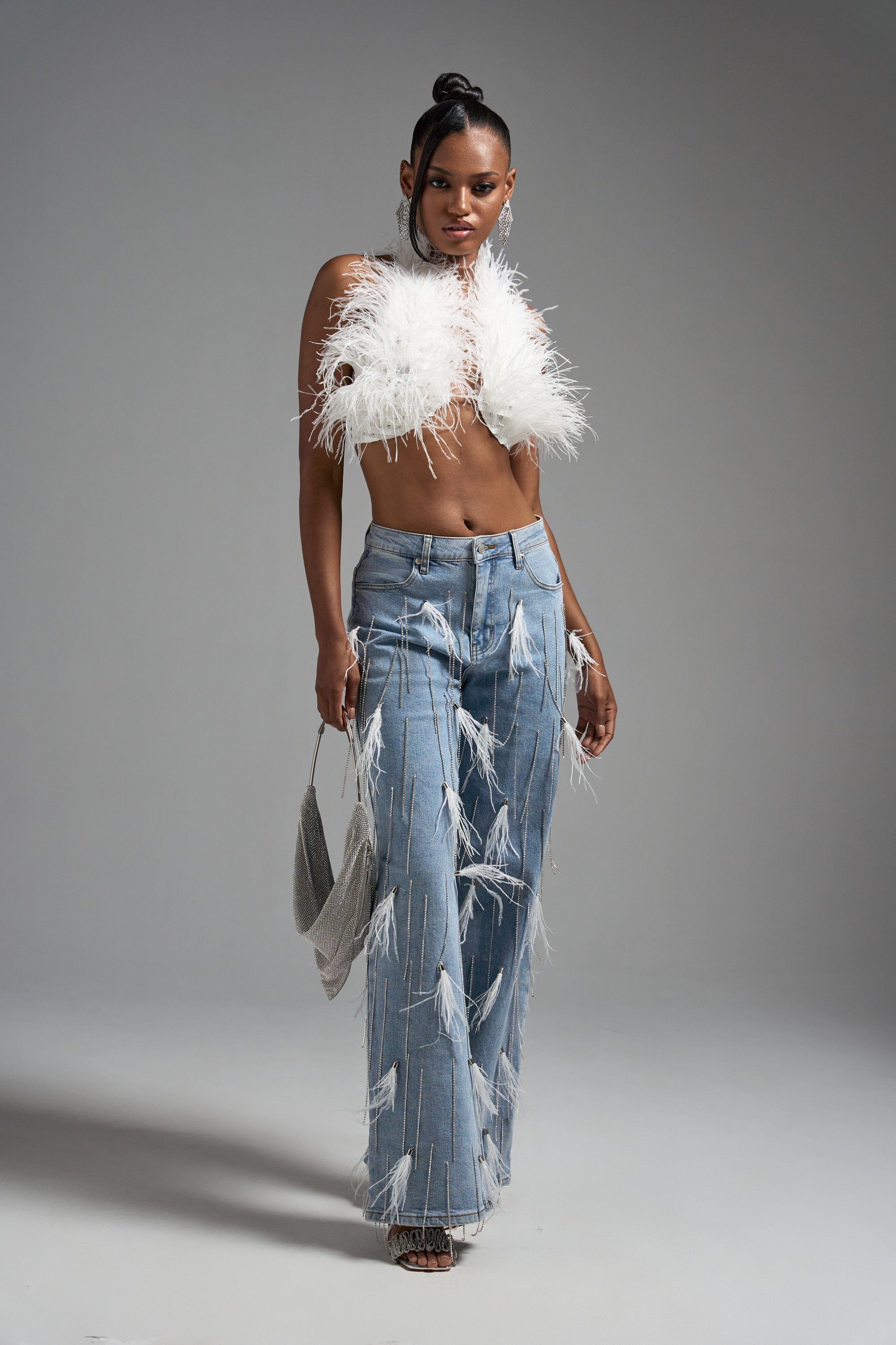 SHAKE IT FOR ME GIRL WHITE FEATHER EMBELLISHED DENIM
