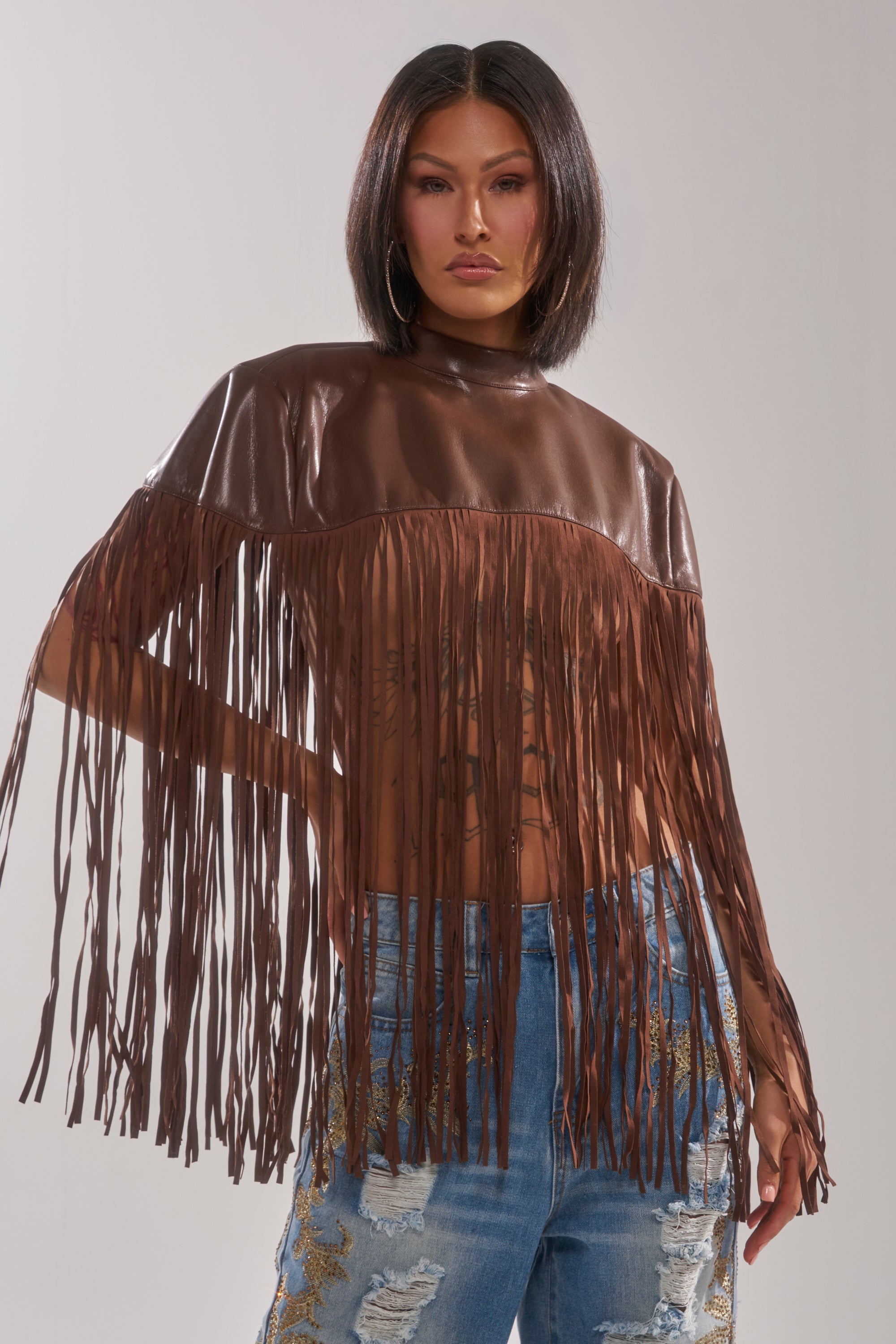 FRINGE FOR DAYS FAUX LEATHER TOP