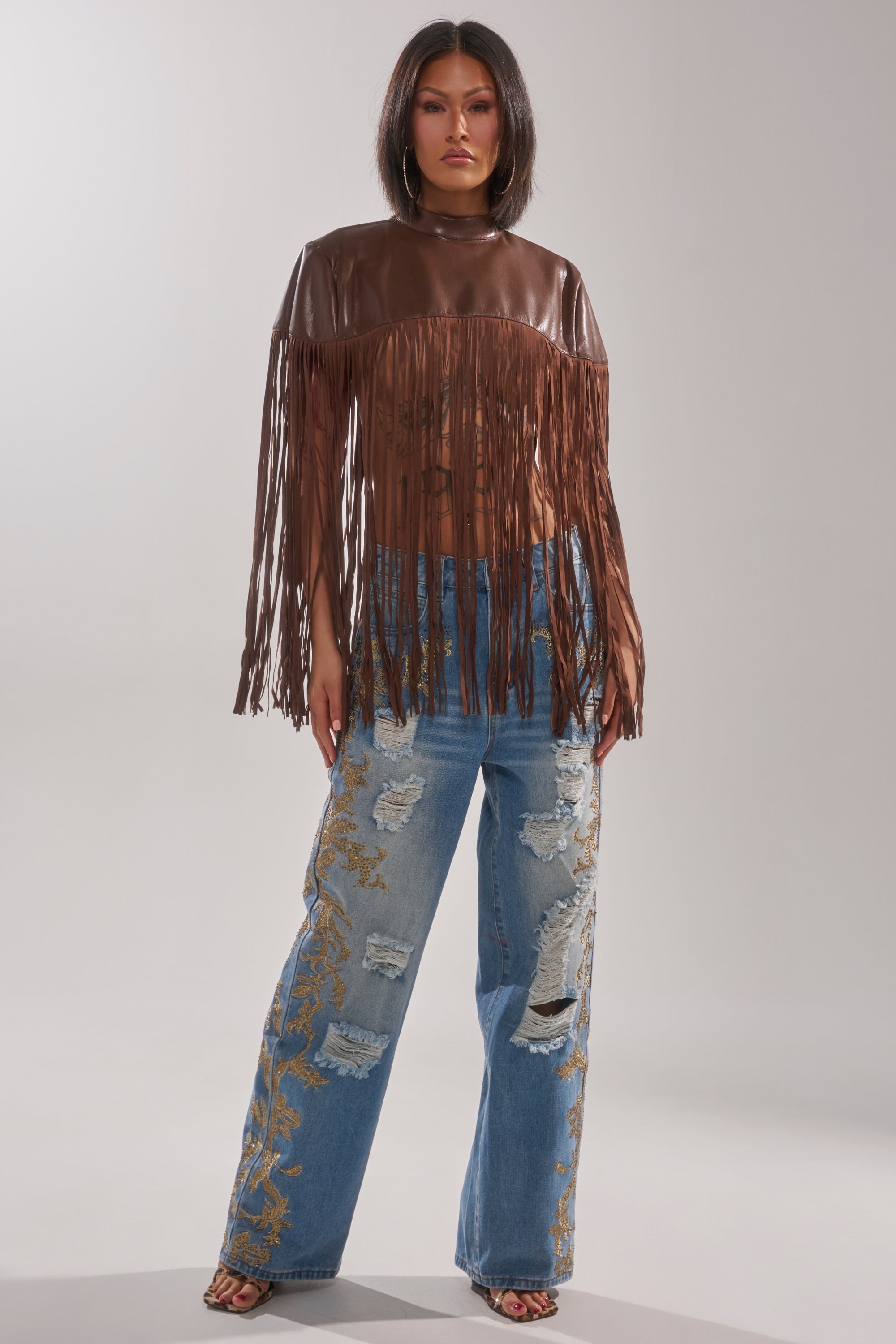 FRINGE FOR DAYS FAUX LEATHER TOP