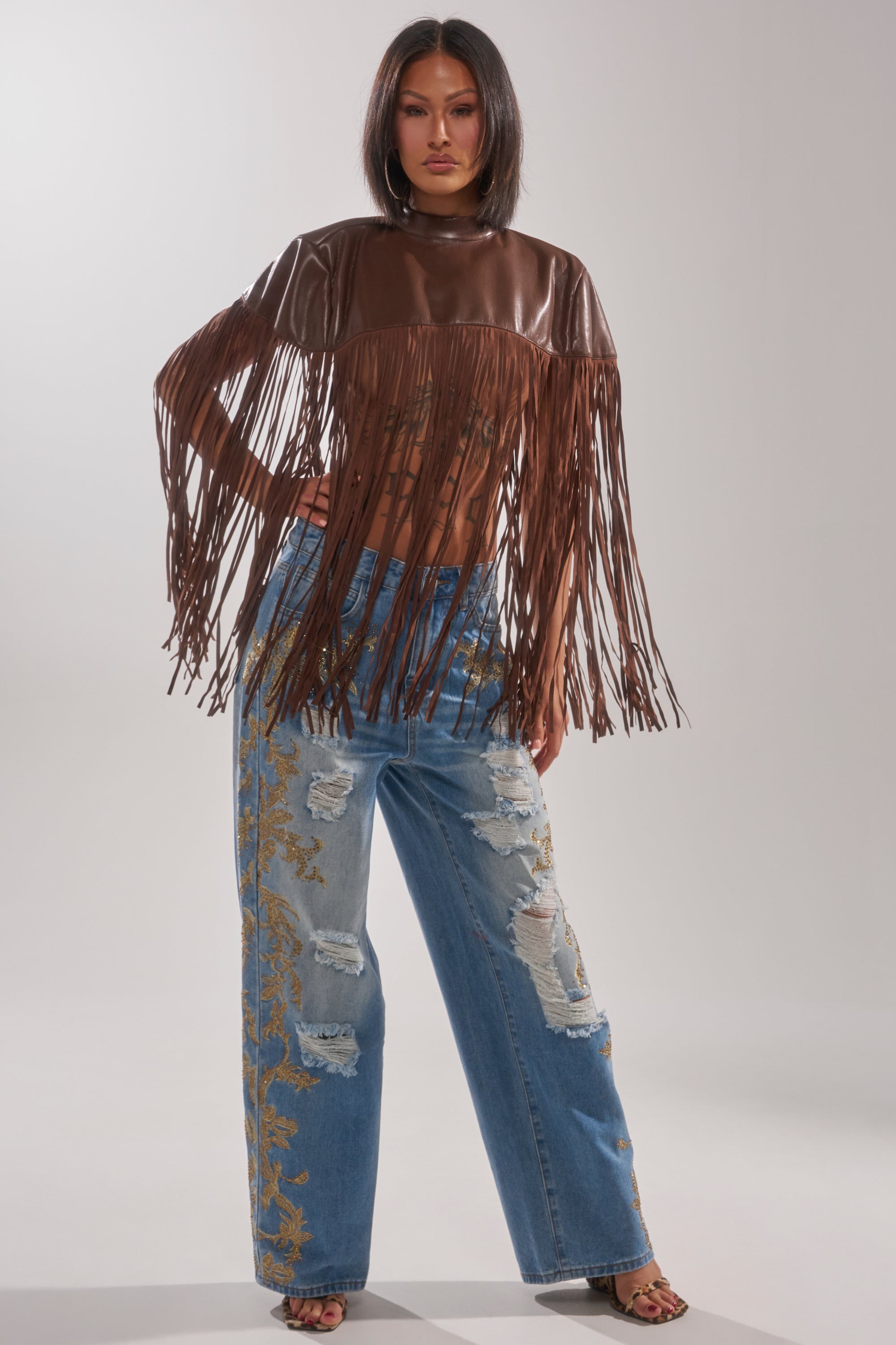 FRINGE FOR DAYS FAUX LEATHER TOP