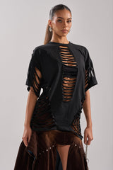 SLASHED UP OVERSIZED SHORT SLEEVE TEE IN BLACK