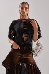 SLASHED UP OVERSIZED SHORT SLEEVE TEE IN BLACK