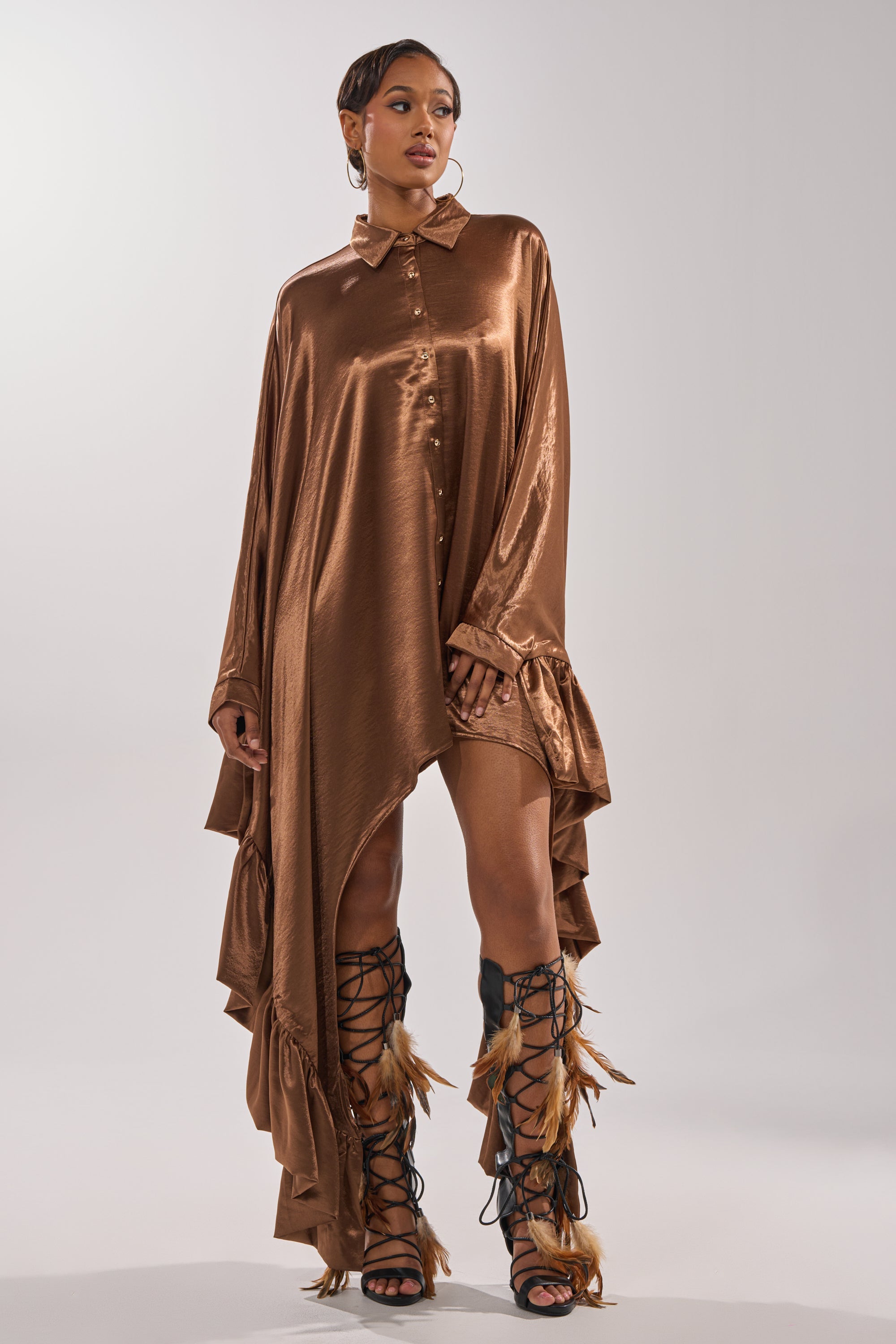 WONDERLUST SATIN LONG SLEEVE MINI DRESS IN BROWN