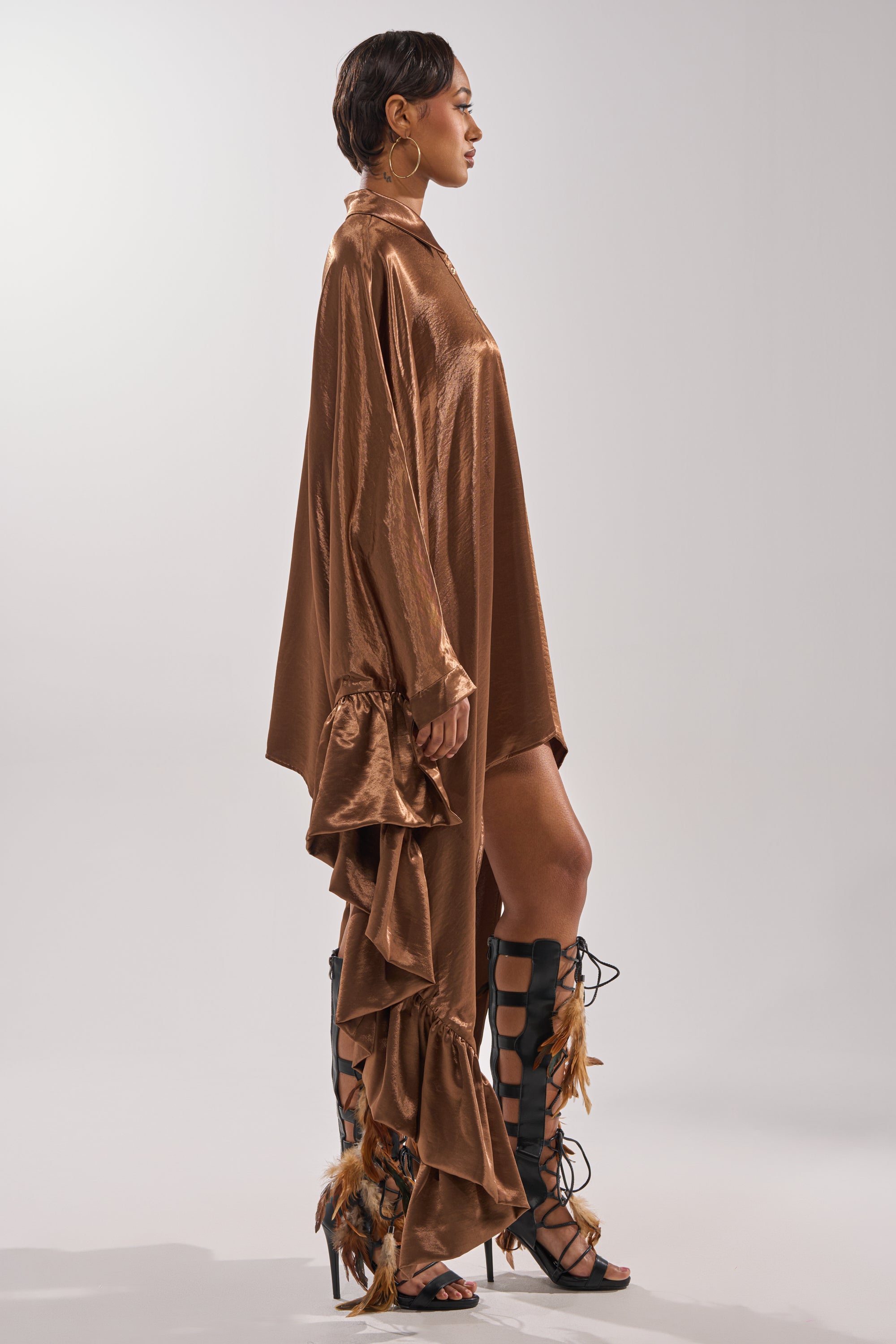 WONDERLUST SATIN LONG SLEEVE MINI DRESS IN BROWN