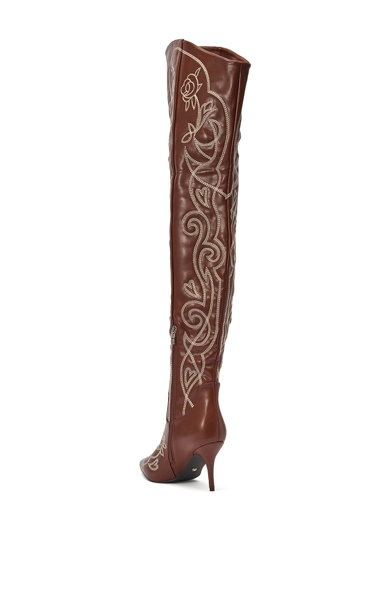 AZALEA WANG KETA BROWN WESTERN THIGH HIGH STILETTO BOOT