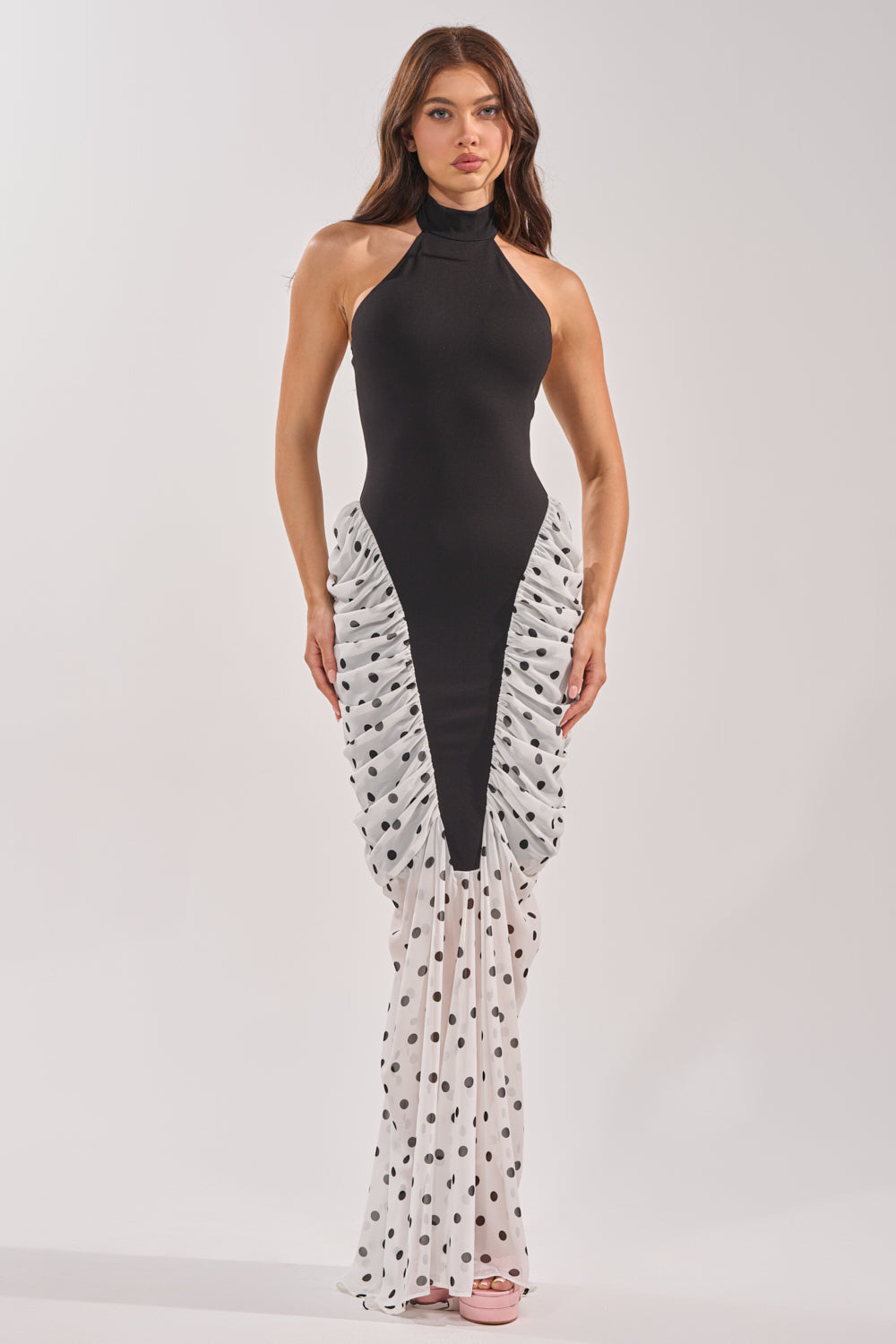 OUT FOR THE NIGHT MOCK NECK MAXI DRESS IN POLKA DOT