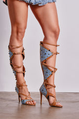 AKIRA GOLD LULANA DENIM METAL STUDDED GLADIATOR STILETTO SANDAL