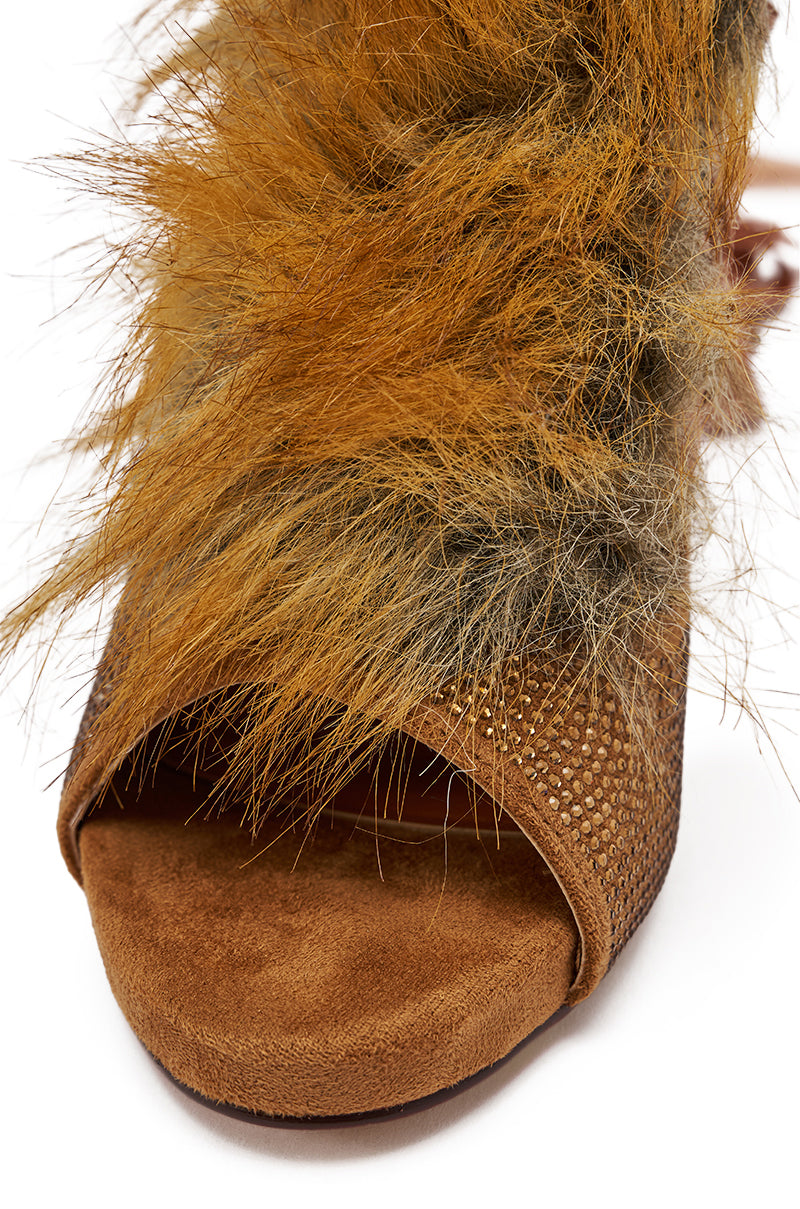 AZALEA WANG MADHAV BRONZE RHINESTONE AND FOX FUR SANDAL
