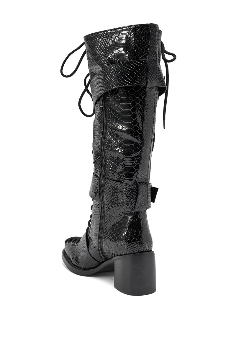 AZALEA WANG MAKAR BLACK CROC LACE UP DETAIL BOOT