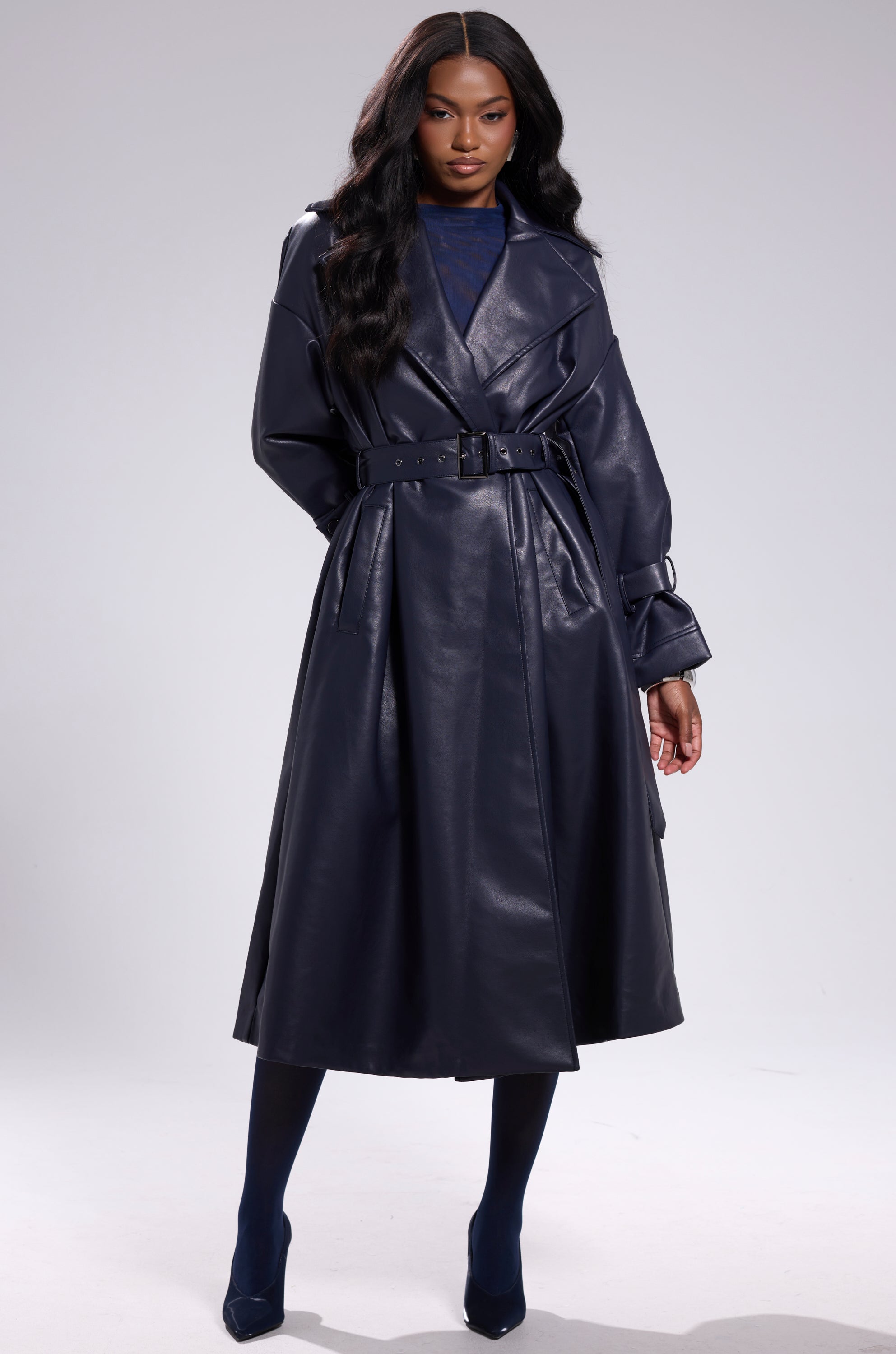 ALINNA FAUX LEATHER TRENCH IN NAVY