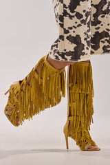 AZALEA WANG SAMEYANA MUSTARD FRINGE AND METAL STILETTO GLADIATOR SANDAL