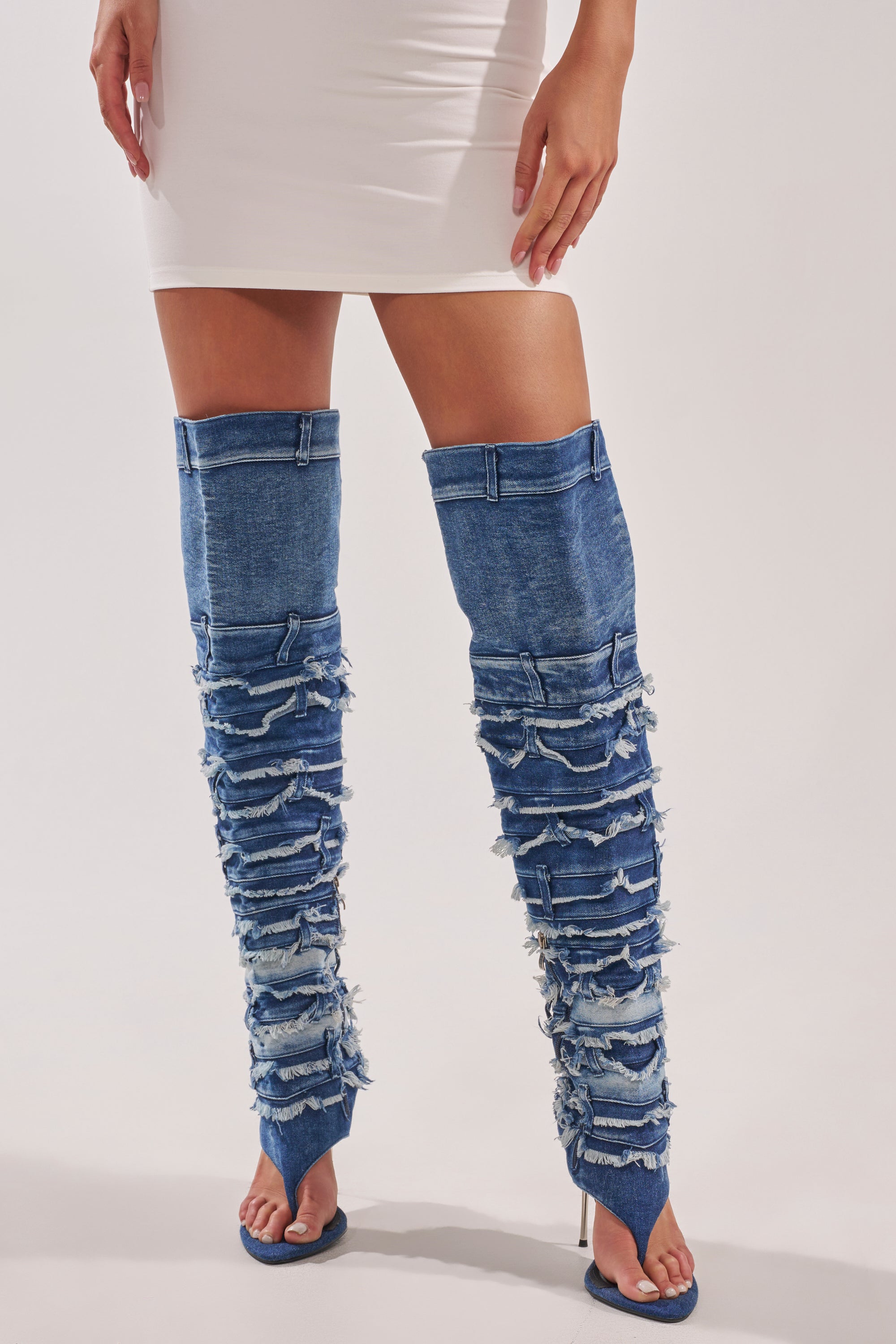 AZALEA WANG SENA DENIM STILETTO OPEN TOE BOOT