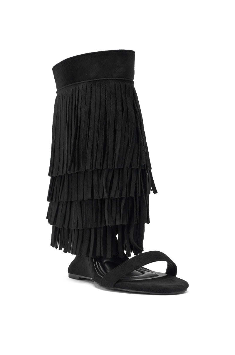 AKIRA GOLD SESTINA BLACK FAUX SUEDE FRINGE WEDGE SANDAL