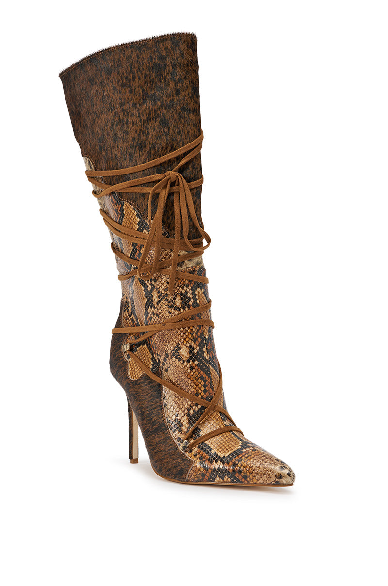 AZALEA WANG SHERYL BROWN COW AND SNAKE STILETTO BOOT
