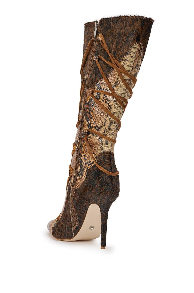 AZALEA WANG SHERYL BROWN COW AND SNAKE STILETTO BOOT