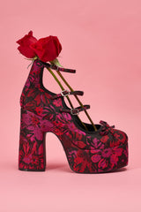 AZALEA WANG SPROUT RED MULTI FLORAL BROCADE MARY JANE PLATFORM PUMP