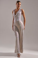 MAKE YOU DO A DOUBLE TAKE RHINESTONE JUMPSUIT IN CHAMPAGNE