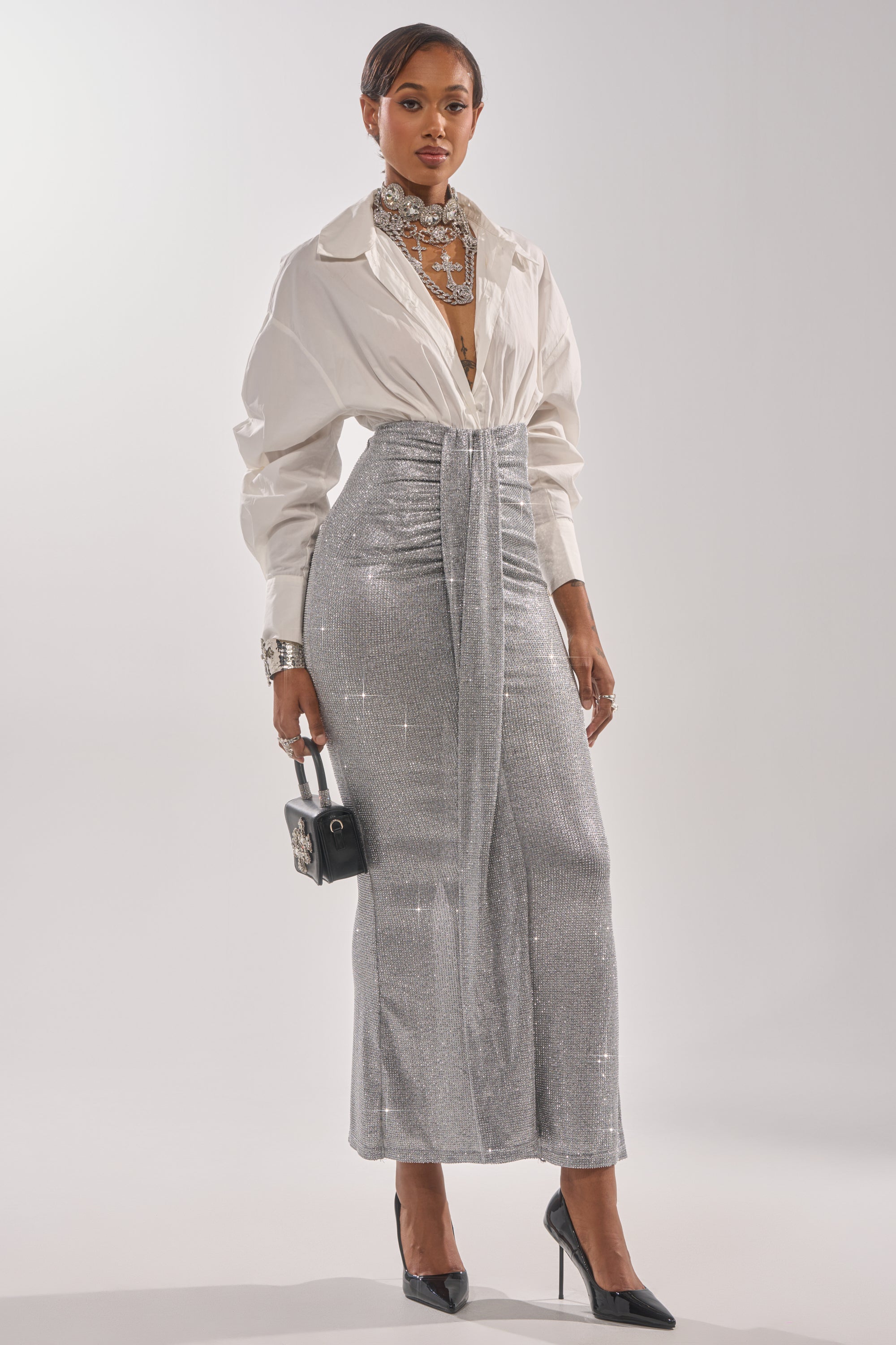 BRIGHT LIGHTS RHINESTONE MAXI SKIRT IN SILVER