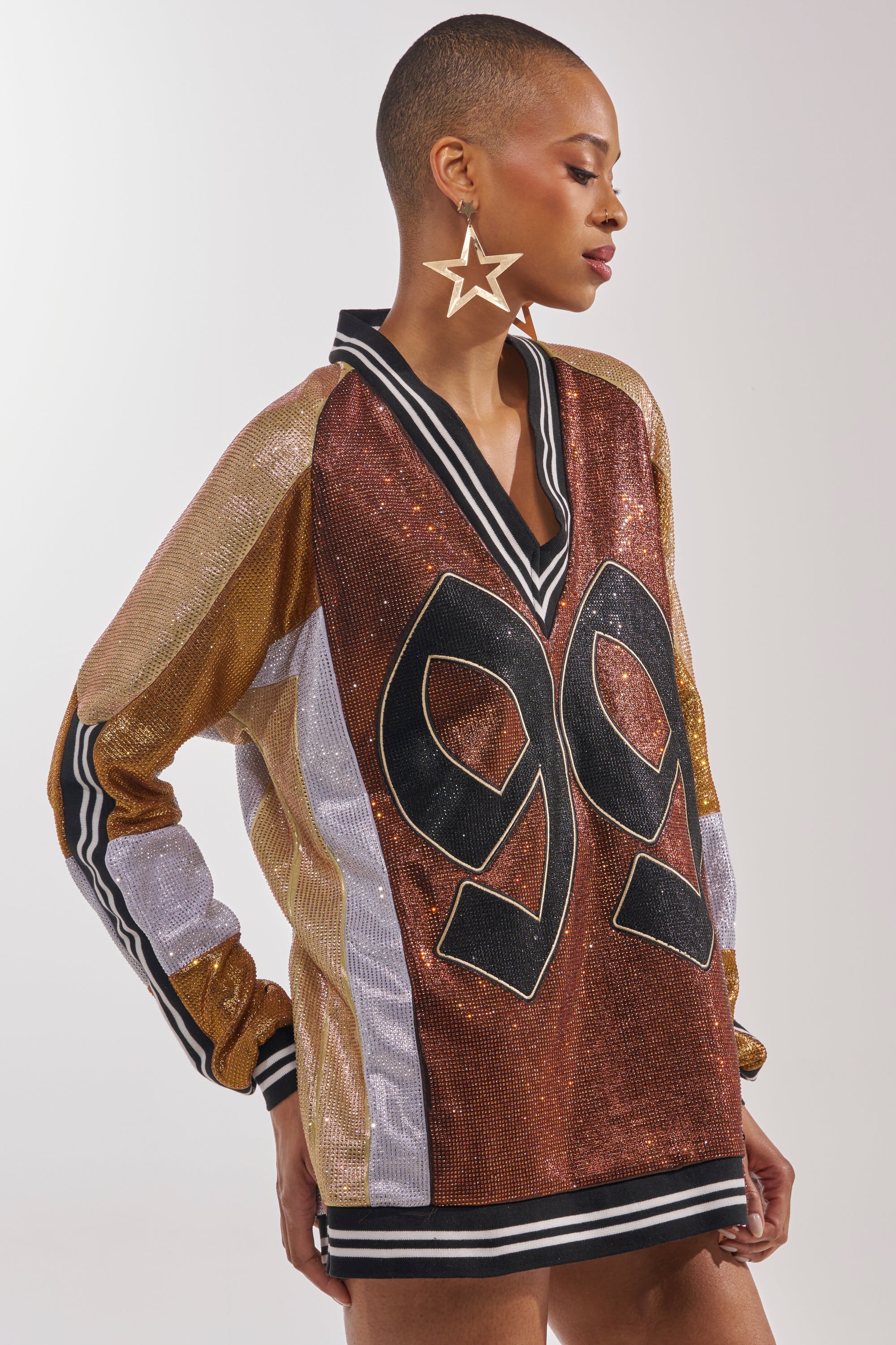 RYAN COLORBLOCK RHINESTONE JERSEY DRESS IN COCOA