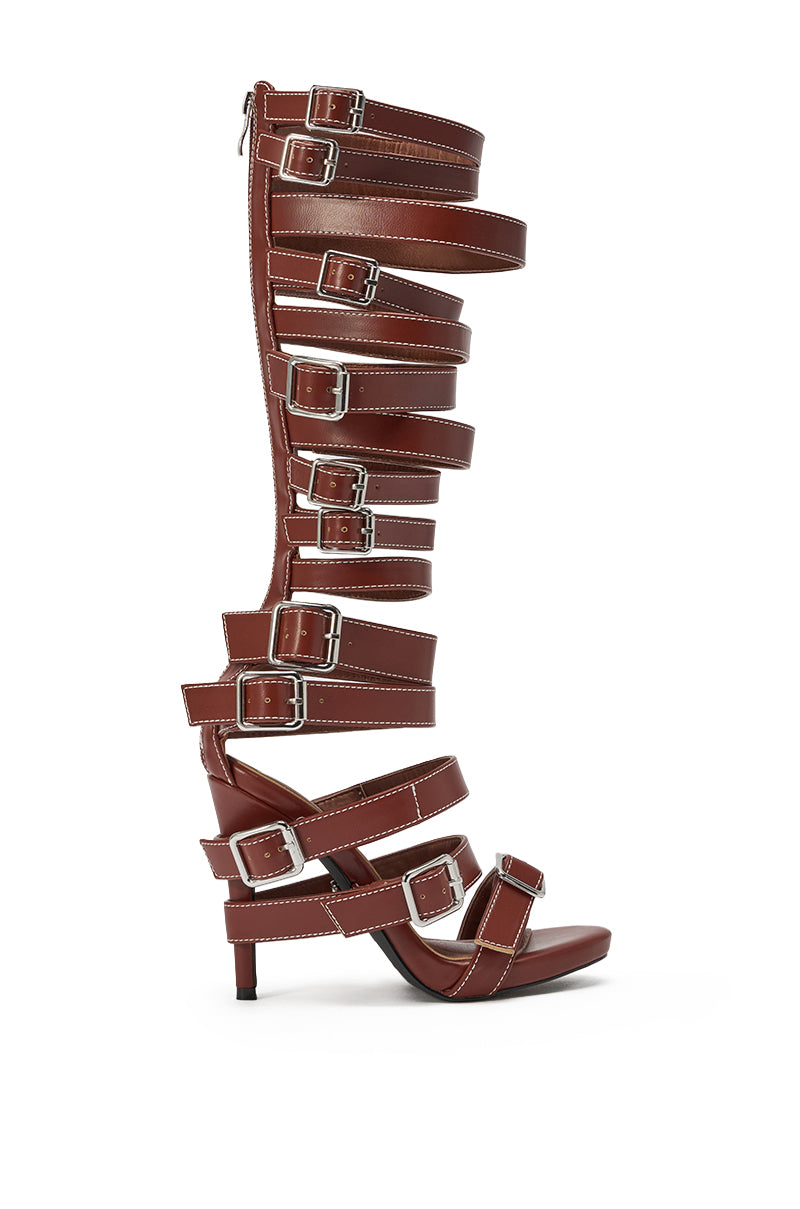 AZALEA WANG STITCH BROWN PU HARDWARE EMBELLISHED STILETTO SANDAL