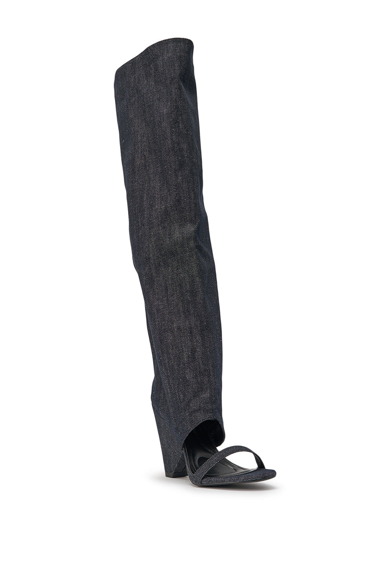 AZALEA WANG VEONA DARK DENIM OVER THE KNEE CHUNKY HEEL SANDAL