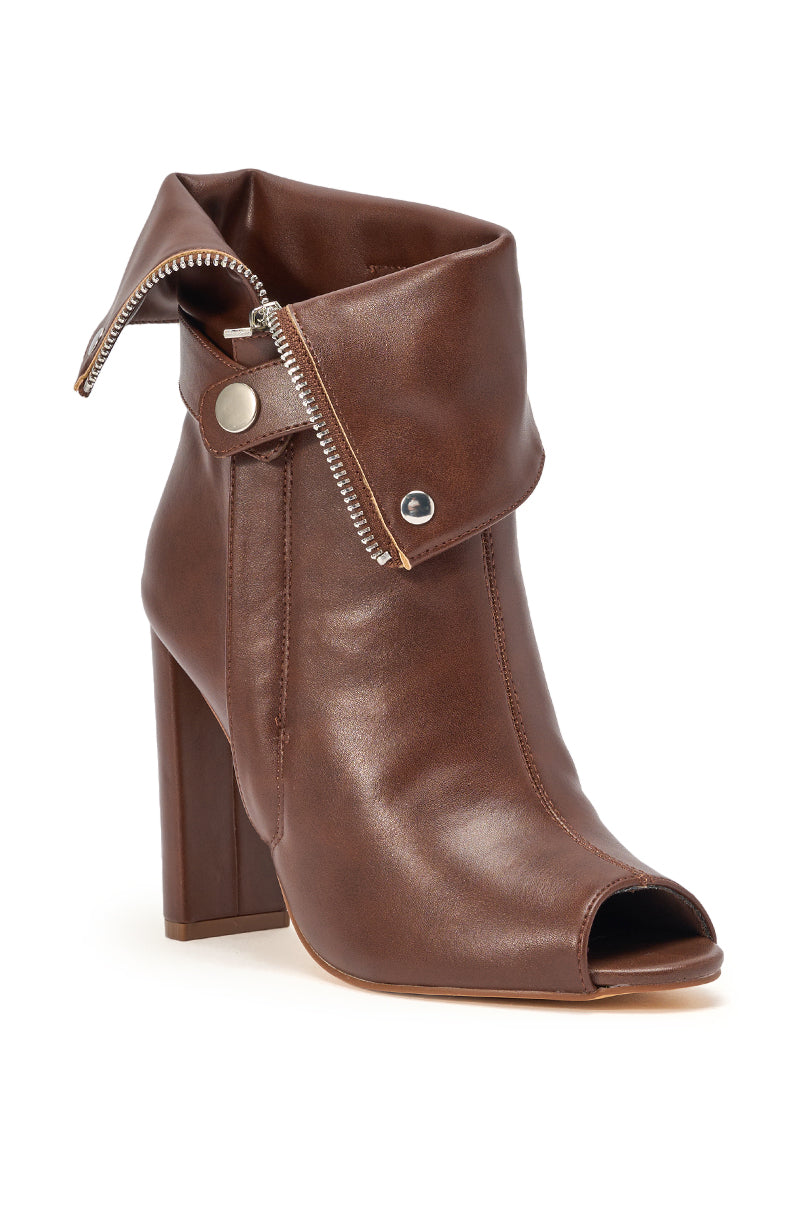 YANIX BROWN PU SILVER HARDWARE CHUNKY HEEL BOOTIE