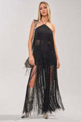 ON THE EDGE FRINGE HALTER TOP IN BLACK
