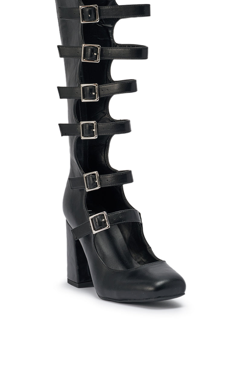AKIRA GOLD YVETTE BLACK OVER THE KNEE MARY JANE BOOT