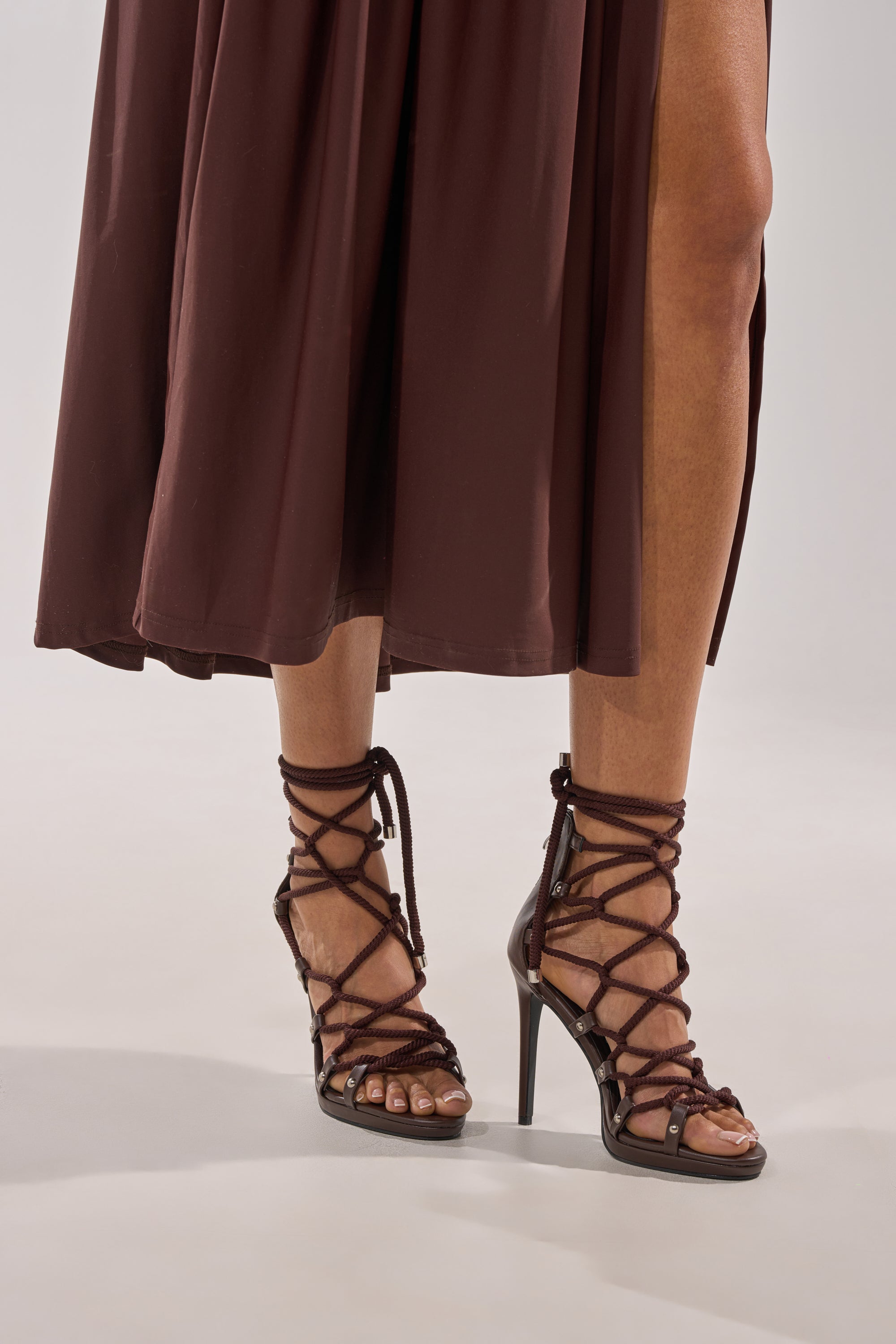 AZALEA WANG BROWN PU ROPE STRAP STILETTO SANDAL