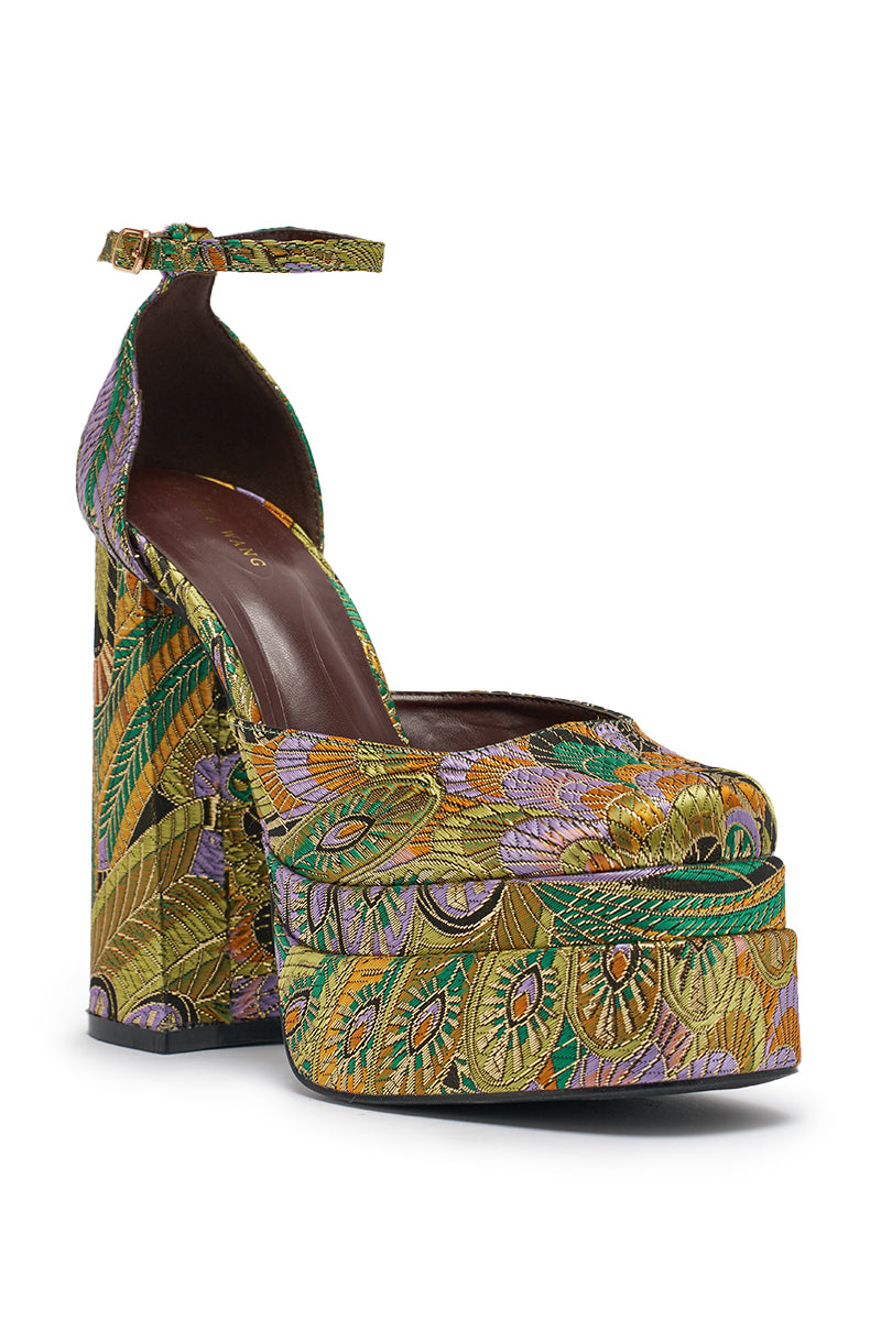 AZALEA WANG ZIPPHORA GREEN MULTI BROCADE PLATFORM PUMP